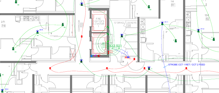 Fire alarm floor plan with devices and circuits around elevator core