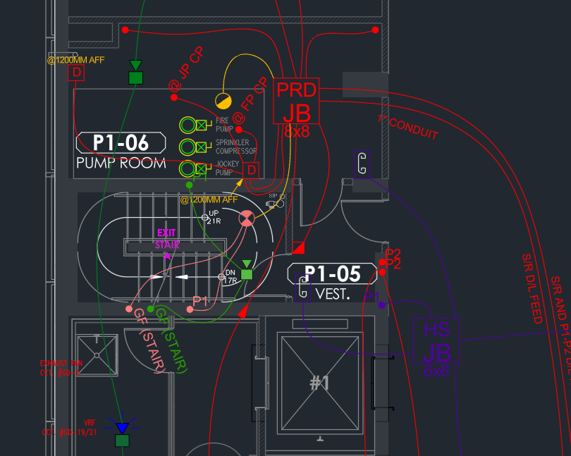 AutoCAD plan of a pump room with fire alarm devices and conduit runs